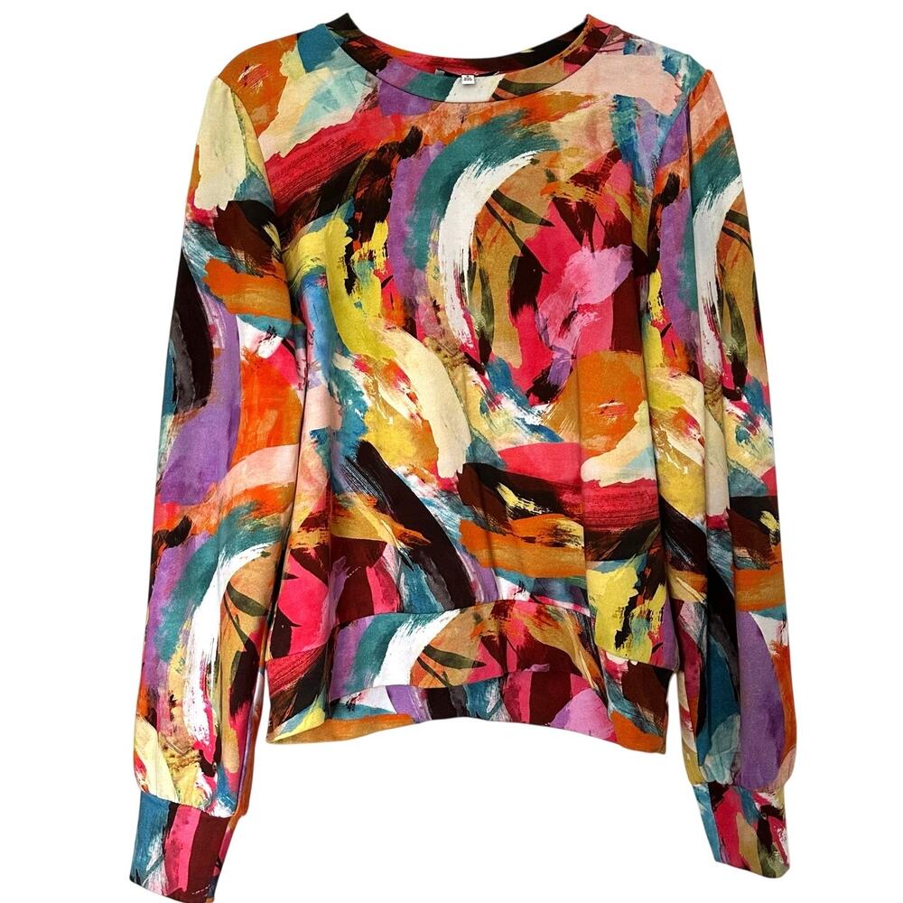Willa Story (S) Colorful Brushstroke Abstract Art Print Blouse Contemporary Top